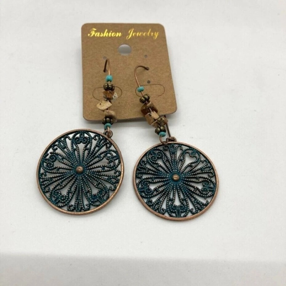 Boho Filigree Dangle‎ Earrings Antiqued Copper Teal Turquoise Stone Fishhook